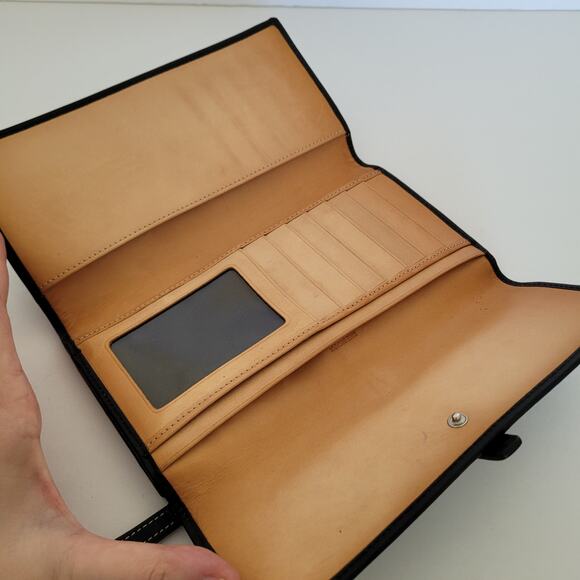 Coach Buckle Signature Clutch Wallet Large Logo Canvas Leather Black Trifold - Picture 3 of 9